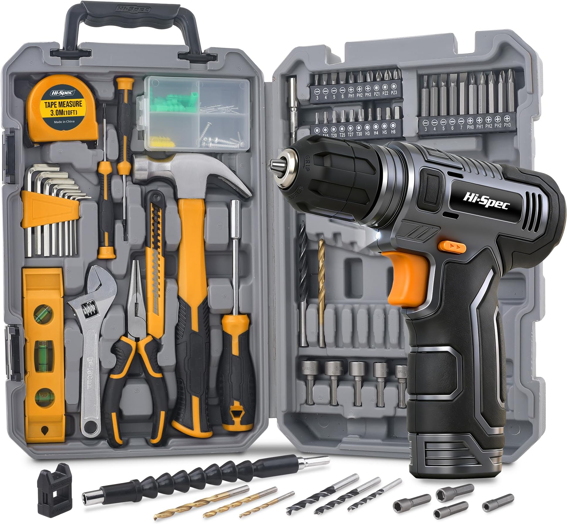 Hi-Spec Tool Kit with 8V Cordless Drill Set. Complete DIY Tool Set for Essential Everyday Home Repair & Maintenance. USB Rechargeable Electric Drill in a Compact Toolbox Case.