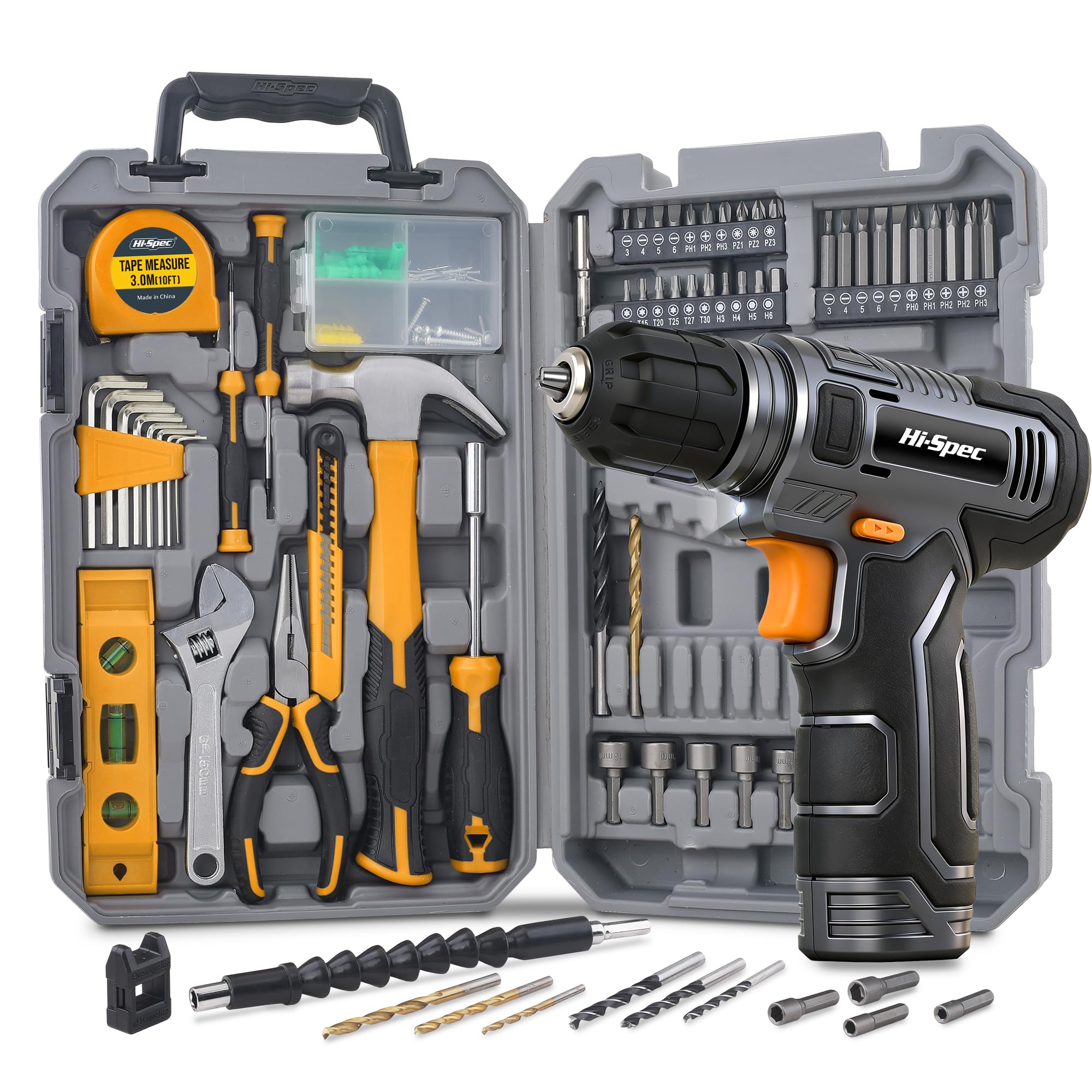 Hi-Spec 70-Piece Tool Kit with 8V Cordless Drill in a gray case