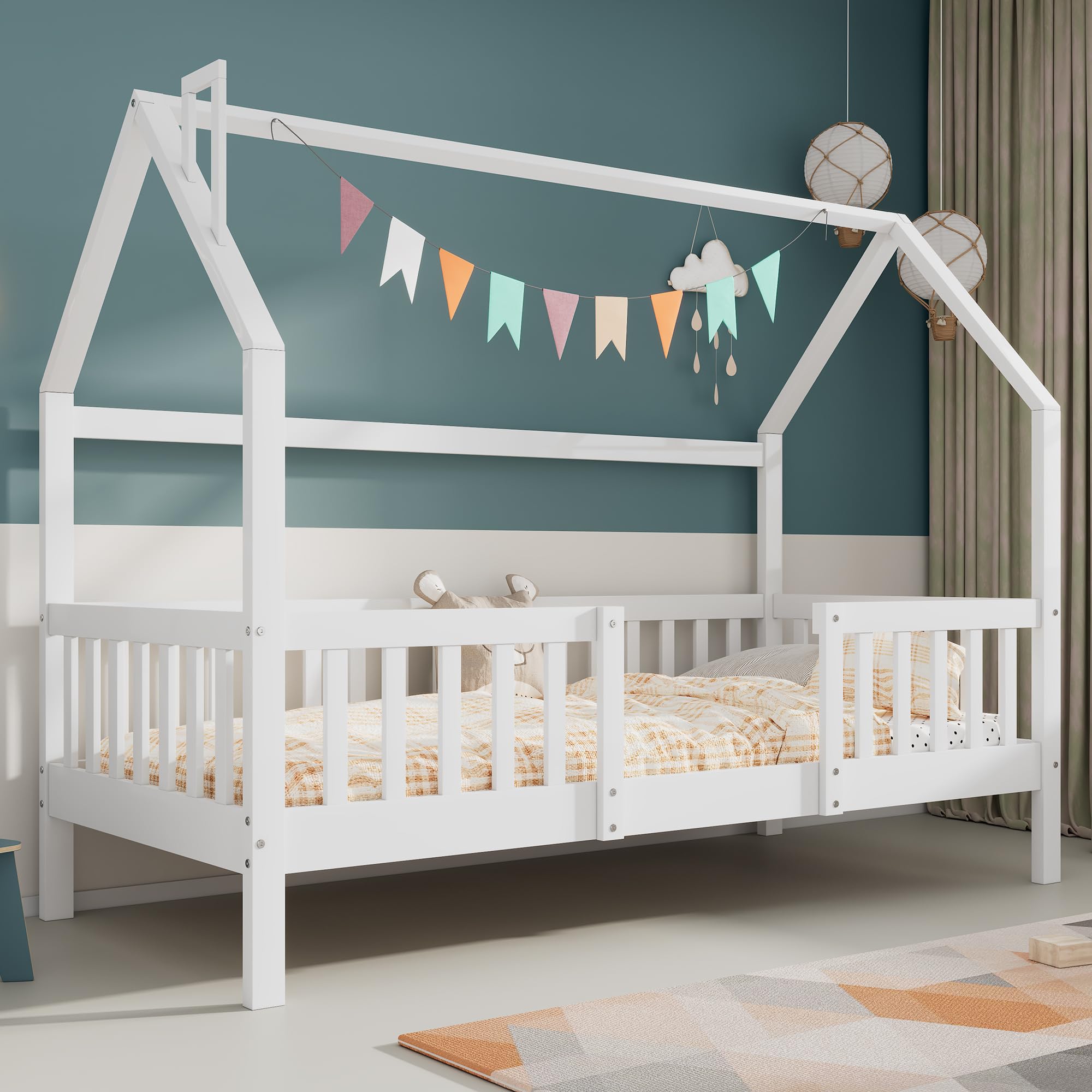 Merax Hausbett 90x200cm, Kinderbett Mit Lattenrost, Holz Bett für Kinder mit Bettkasten, Kinder und Jugendzimmer, Kiefernholz Haus Bett for Kids, Ohne Matratze, Weiß