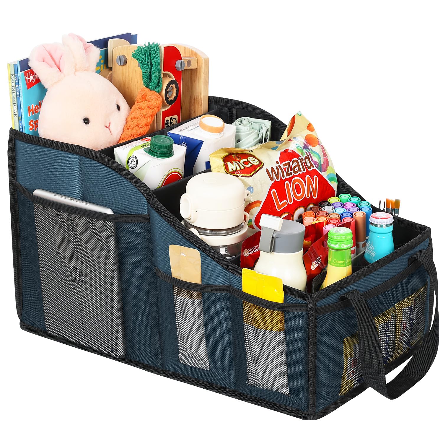 YOHOOLYO Auto Organizer Kinder Rücksitz mit 4 Fächern und 4 Getränkehalter zusammenklappbar Rückbank Beifahrersitz für Snacks Spielzeug Bücher Blau
