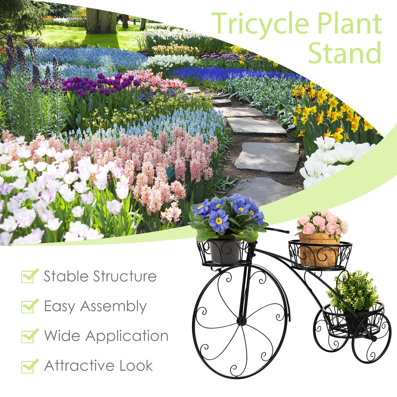 HOMASIS Support de fleurs en forme de vélo, escalier de plantes en métal avec 3 niveaux, escalier de plantes style vintage pour jardin, balcon, bureau, étagère à fleurs 80x25x52cm (Noir)