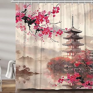 MERCHR Japanese Art Shower Curtain, Cool Anime Cute Pink Cherry Blossom Mountain Fabric Shower Curtains Set for Bathroom Decorative, Asian Japan Restroom Decor Accessories with Hooks 72X72 Inch