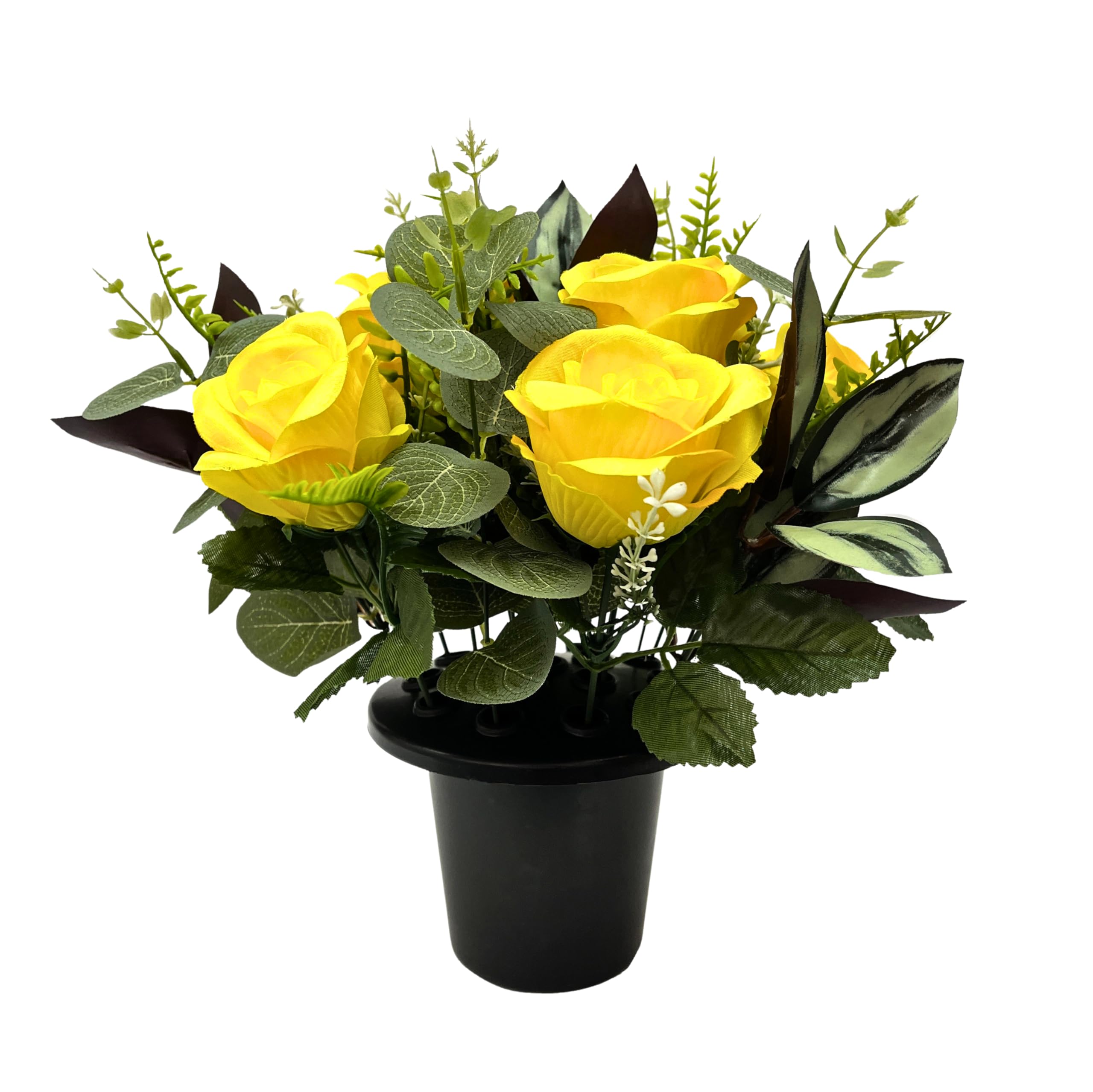 CFY Memorials Premium Artificial Grave Flowers – Yellow Open Roses with Eucalyptus (25cm) | Memorial Vase Pot