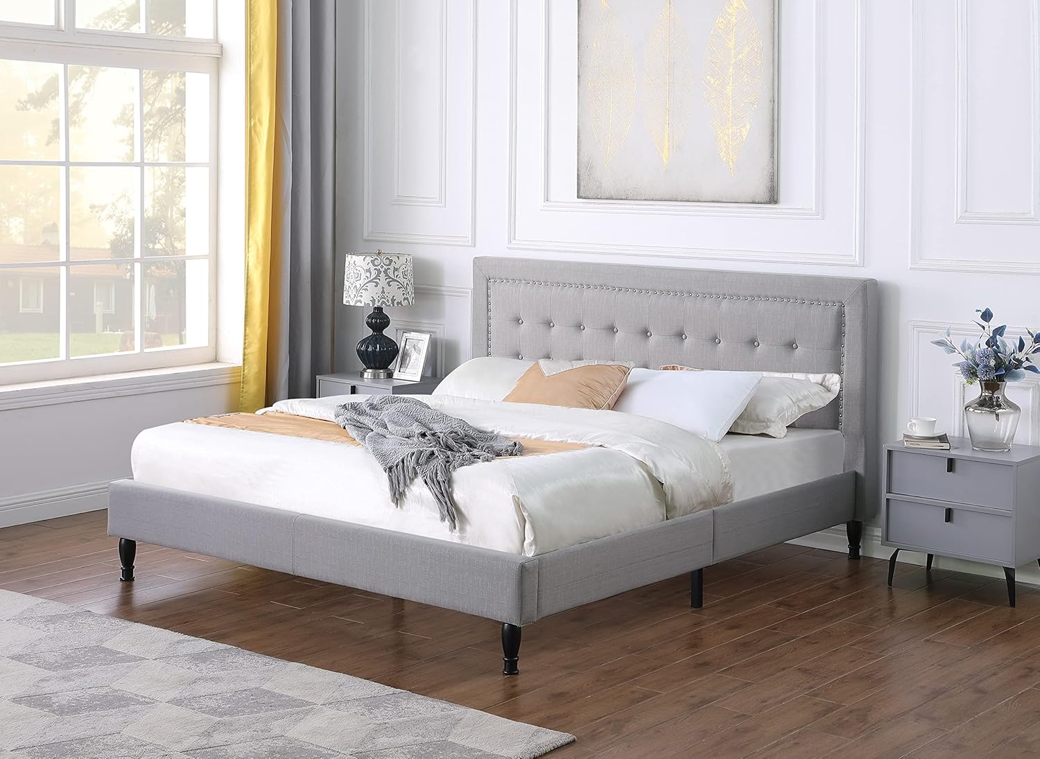 HomeLife Athena II Premiere Classics Upholstered Linen Cloth Platform Bed II Button Tufted II 43.5" Tall Headboard II Mattress Foundation II Easy Assembly II Grey II King,furbed211_King_Grey