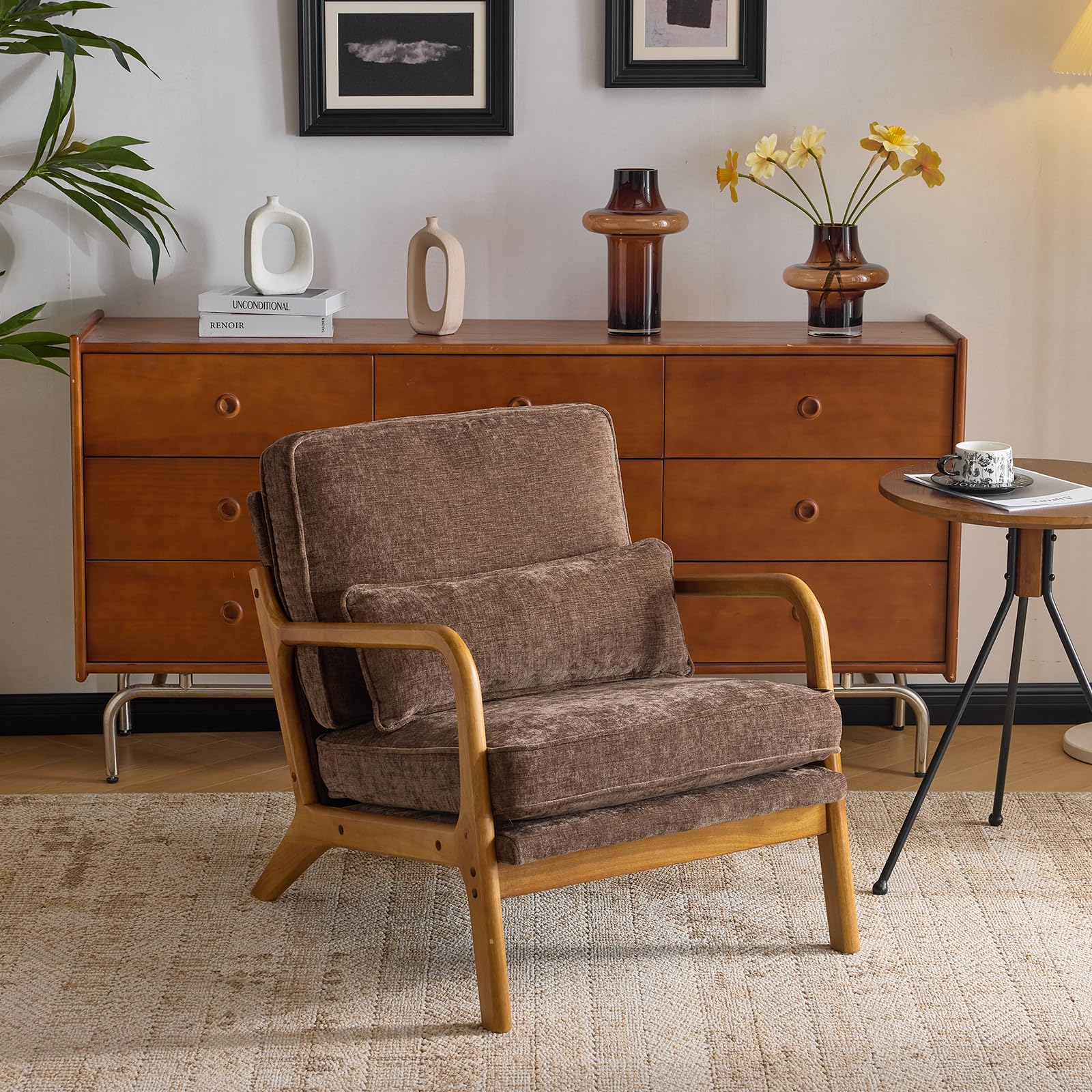 Bonnlo Accent Chair, Soild Wood Padding Lounge Armchairs, Occasional Reading Chair with Cushions and Lumbar Pillow, Armchairs for Living Room, Bedroom, Guest Room, Chenille, Coffee Brown โ image 1