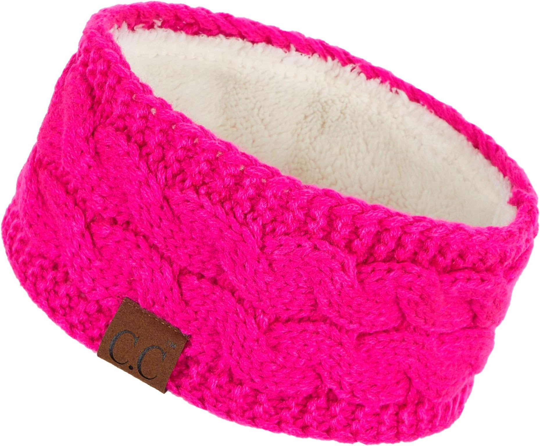 C.C Winter Fuzzy Fleece Lined Thick Knitted Diagonal Stripes Criss-Cross Pattern Headband Headwrap (HW-2060), A Neon Hotpink, 1 Count (Pack of 1)