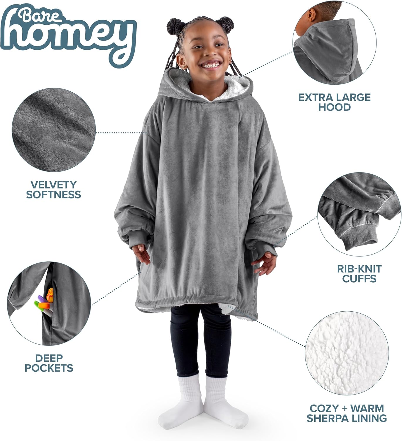 Bare Home Wearable Blanket Hoodie - Soft Plush Sherpa - Warm and Cozy - Oversized Wearable Blanket - Adult & Kid Sizes - Image 3