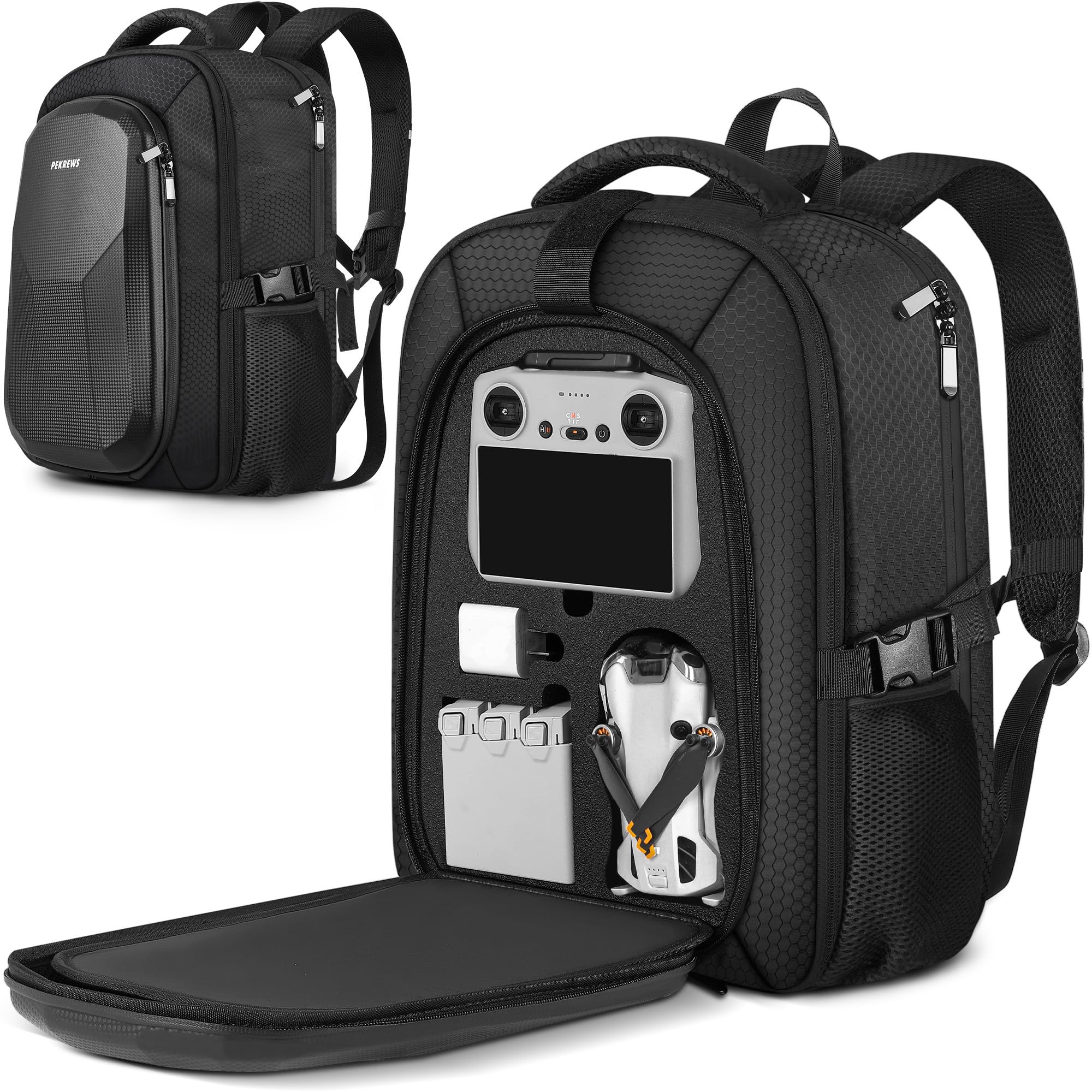 PEKREWS Tasche für DJI Mini 3/ Mini 4 Pro, für RC 2/ RC-N3/N2/N1 Controller | Drohne Rucksack, für 15,6 Zoll Laptop, Hartschale, Erweiterbar, Wasserabweisende, für Fly More Combo Zubehör, Reisetasche