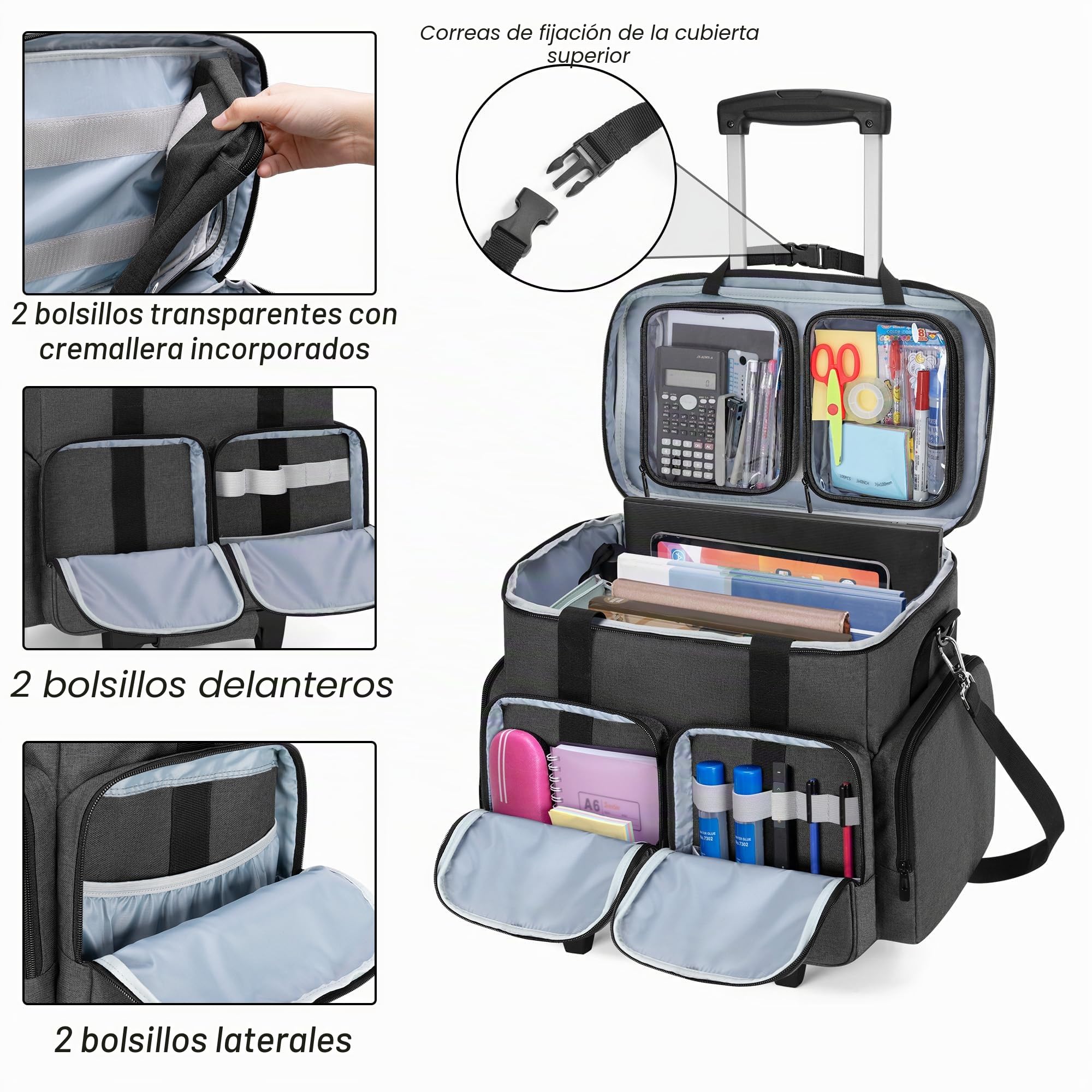 CURMIO Bolso para Maestra, Bolsa Trolley con Compartimento para Portátiles de hasta 15,6", Bolsa de Profesor con Ruedas para Material de Enseñanza, Oficina o Producto Artesanal, Negro