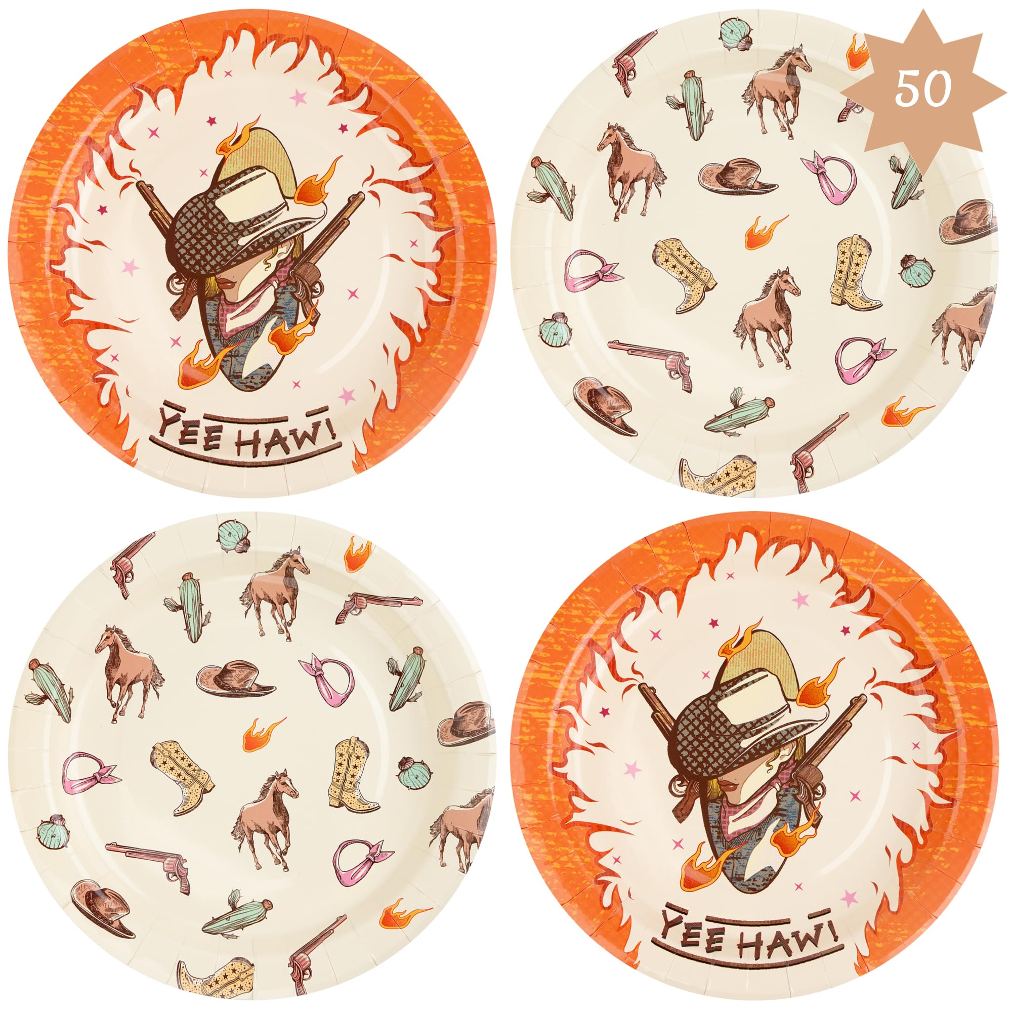 ColorOrca 9 inch leak-proof disposable paper plates - 50 pcs, thickened & easy to clean, perfect for cowboy cowgirl party decorations, and western party decorations. 2 Styles. | YeeHaw + Pattern