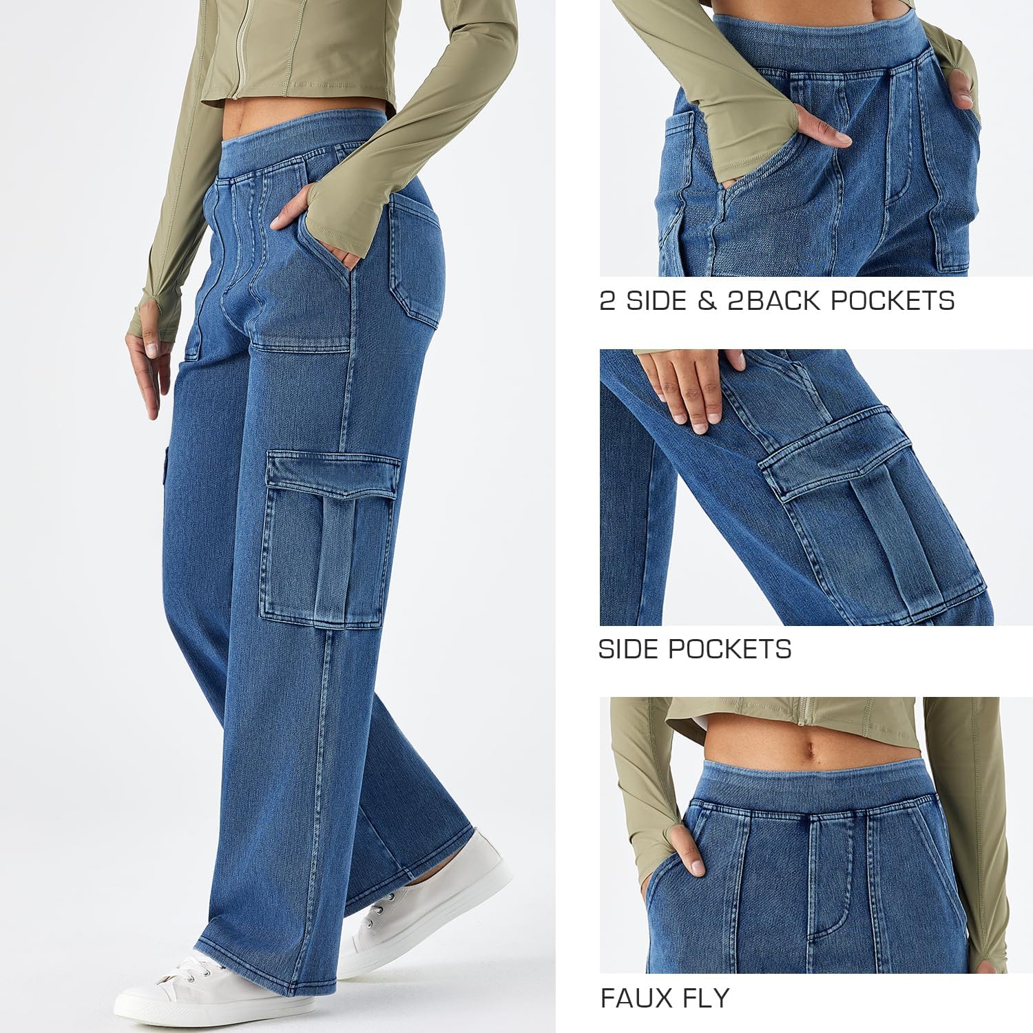Women’s Pull-On Cargo Jeans - Mid Rise Wide Leg, Soft Stretch Denim, Comfort Fit with Pockets - Image 4