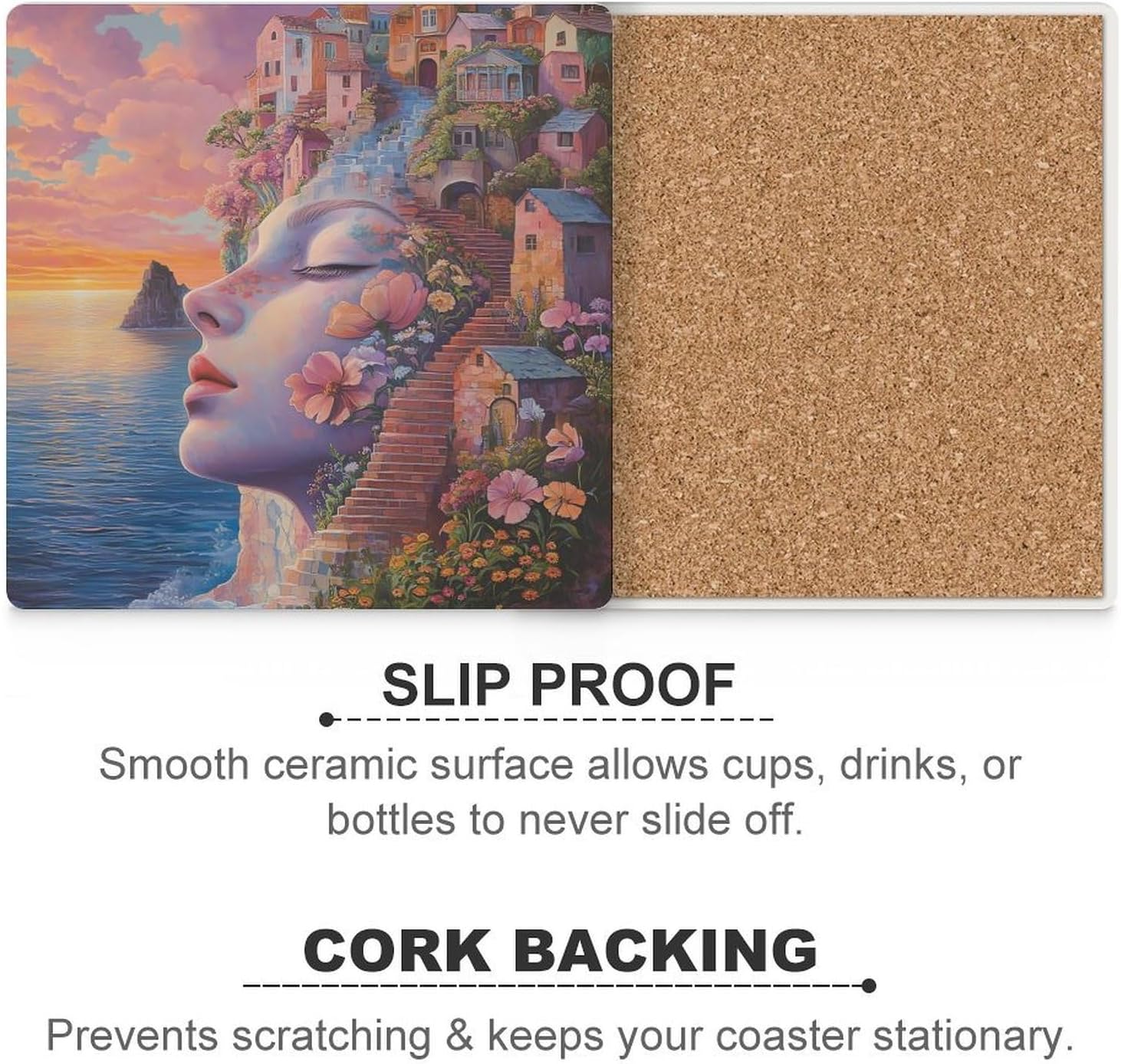 Beach Womans Face House Ceramic Coasters Set Square Drink Coasters Table Coaster for Kitchen Desktop Decor