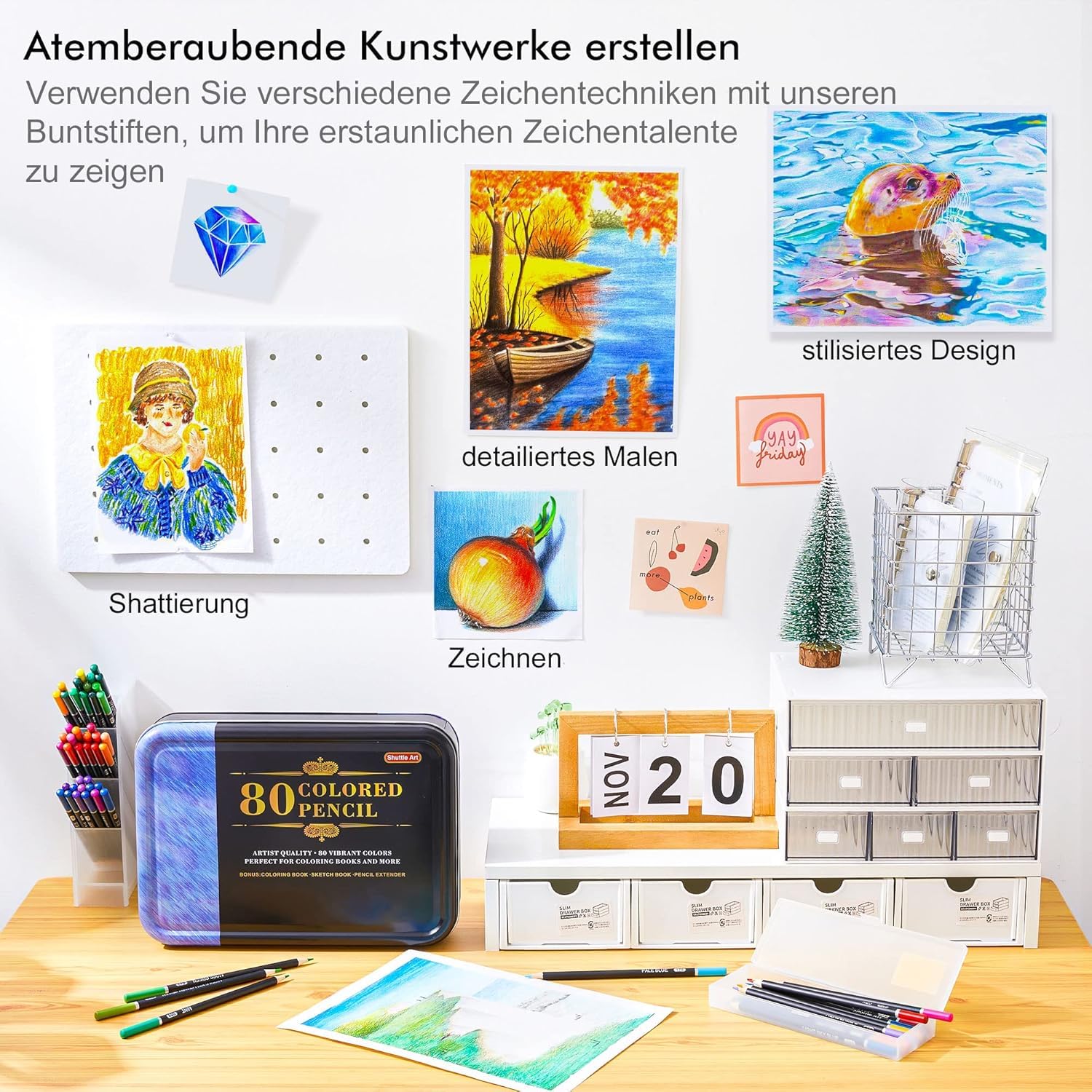 Shuttle Art Buntstifte Set, 80 professionelle Buntstifte für Erwachsene und Kinder, Farbstifte Set mit Malbuch, Skizzenbuch, Spitzer, Bleistiftverlängerer und Eisenbox, Buntstift Kinder, Holzstifte