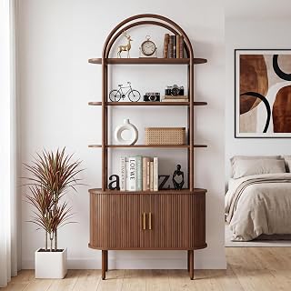 Janmer Home Unique Arched Bookshelf, 71" Tall Mid Century Modern Bookcase | Small Record Player Stand, Curved Book shelf with Doors, 4-Tier Open Display Shelf, Home Office, Living Room,Walnut