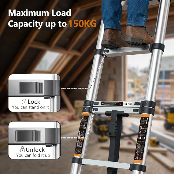 Telescopic Ladder, 4.2M/13.7ft Stainless Steel Thickened Loft Ladder, 150kg Capacity Portable Folding Ladders with Stabiliser Bar and Non-Slip Feet for Home, Loft