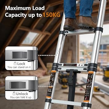 Telescopic Ladder, 4.2M/13.7ft Stainless Steel Thickened Loft Ladder, 150kg Capacity Portable Folding Ladders with Stabiliser Bar and Non-Slip Feet for Home, Loft