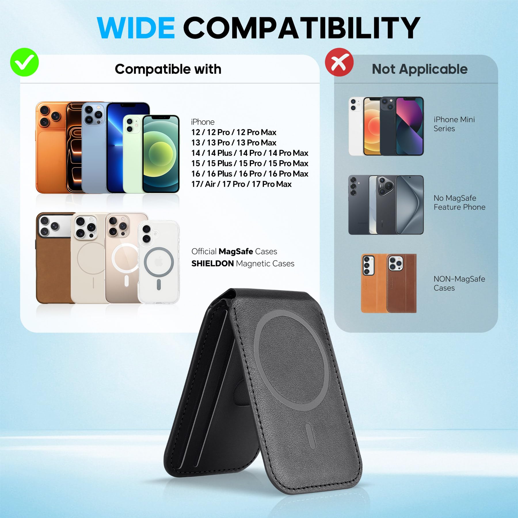 Shieldon Porte Carte pour Magsafe Wallet, Portefeuille Magnétique en Cuir Véritable, [Support Réglable][RFID Blocage][Forte Adhérence] Porte-Cartes Adhésifs pour iPhone Série 17/16/15/14/13/12 - Noir