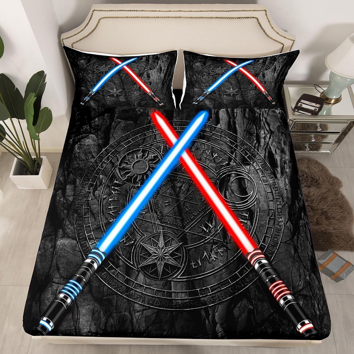 Lightsaber Bed Sheets Twin Size 3D Neon Blue Red Bedding Set 3Pcs Geometric Sun Moon Round Sheet Set for Kids Boys Girls Teens Room Decor Fashion Vintage Stone Wall Fitted + Flat Sheet,Black