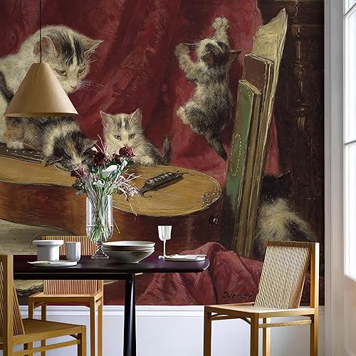 Miniatura 4 de Murales de animales murales de pared de gato, pintura al óleo, 148 pulgadas de ancho x 110 pulgadas de alto, lienzo de guitarra y libro, papel de