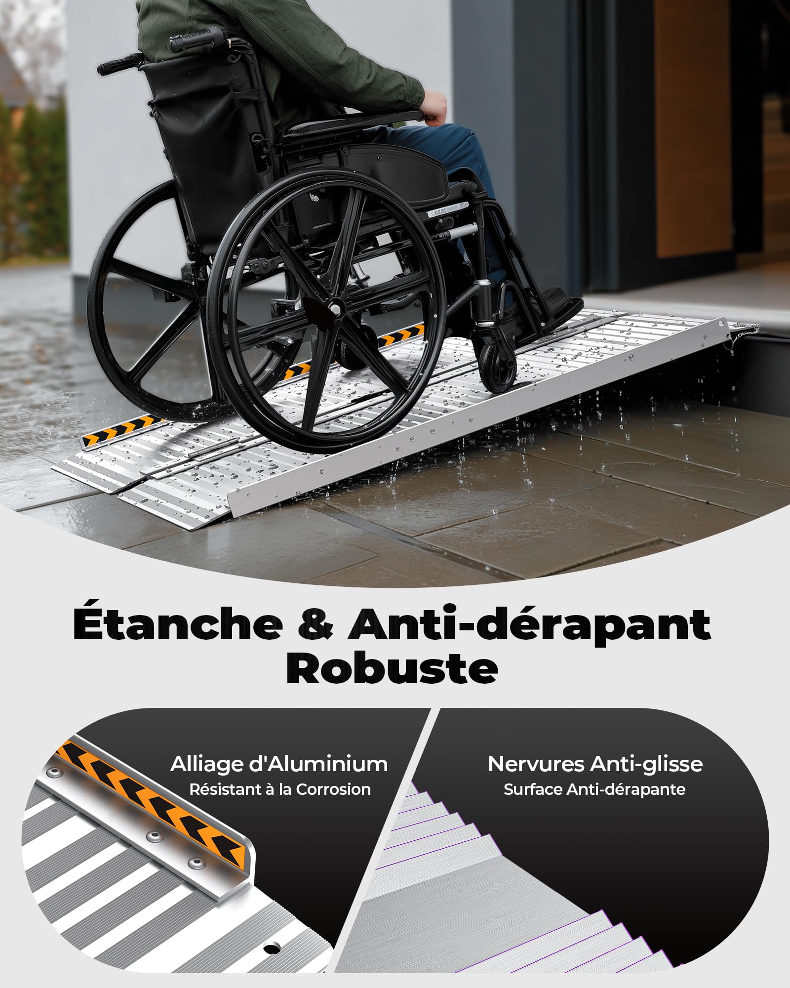 FACHNUO 61CM Rampe pour Fauteuil Roulant Pliable 61CM Rampe de Seuil, Capacité 362KG, Extra Large 74CM Antidérapante - Ramp Aluminium Portable pour Escaliers, Marches, Portes, Entrées