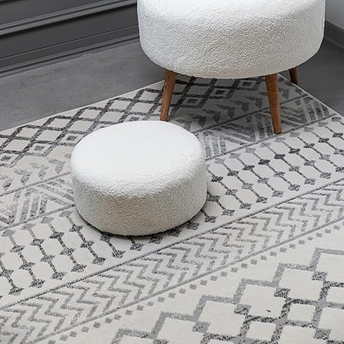 CAMILSON Boho Moroccan Area Rug, 6'7"x9' Geometric, Diamond Design for Living Room Bedroom Easy-Cleaning Non-Shedding Grey/Cream Indoor Area Rugs Bohemian (6x9)