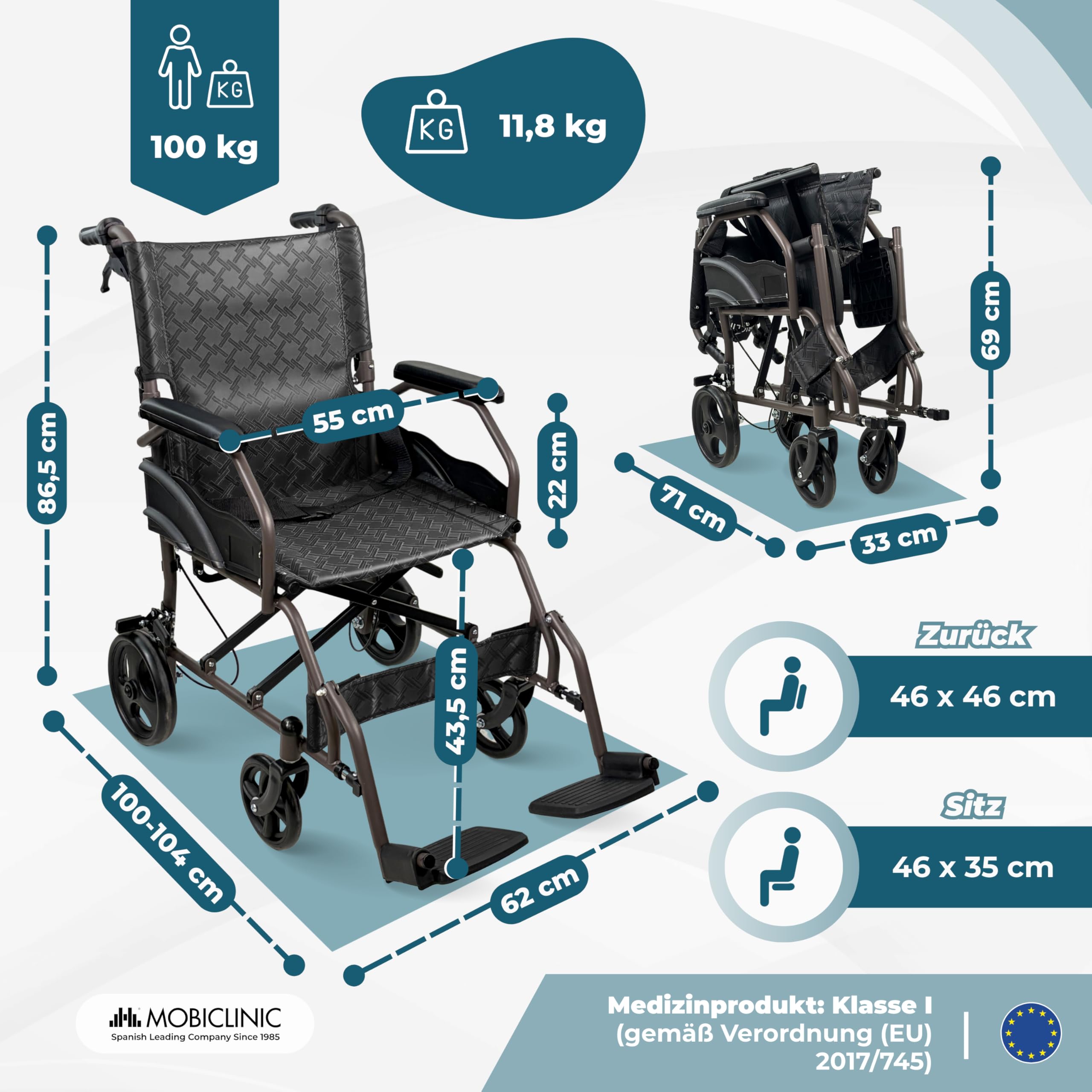 Mobiclinic®, Faltbarer Rollstuhl, mit klappbarer Rückenlehne und Fußstützen, Doppel Bremssystem, Gepolsterten Armlehnen, Stahlrahmen, Leicht und Kompakt, Kefren