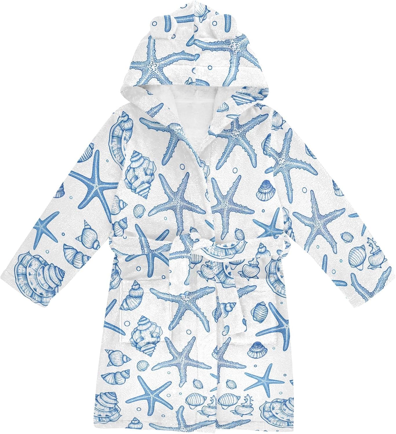 Cute Seashell Pattern Toddler Hooded Bathrobe for Boys Girls Soft Plush Bath Towel Robe 2-12 Years