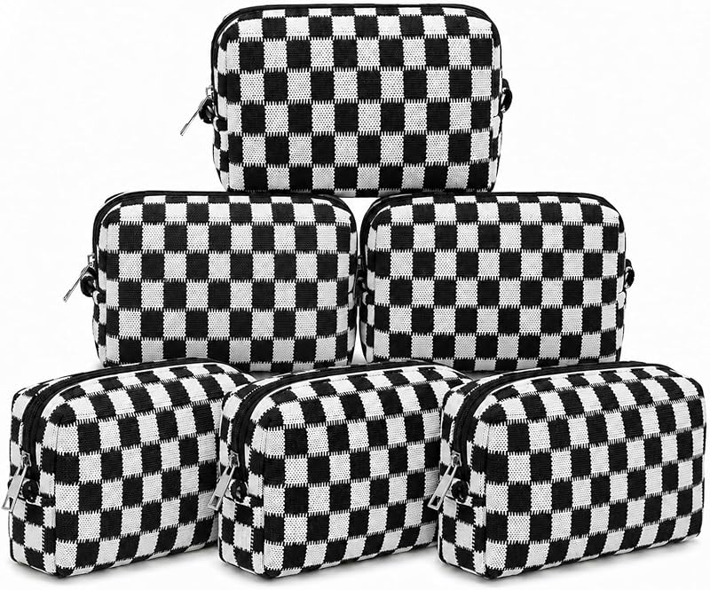 Necessaire SOIDRAM Preppy Xadrez Preta com Zíper para Maquiagem e Viagem, Pacote com 6