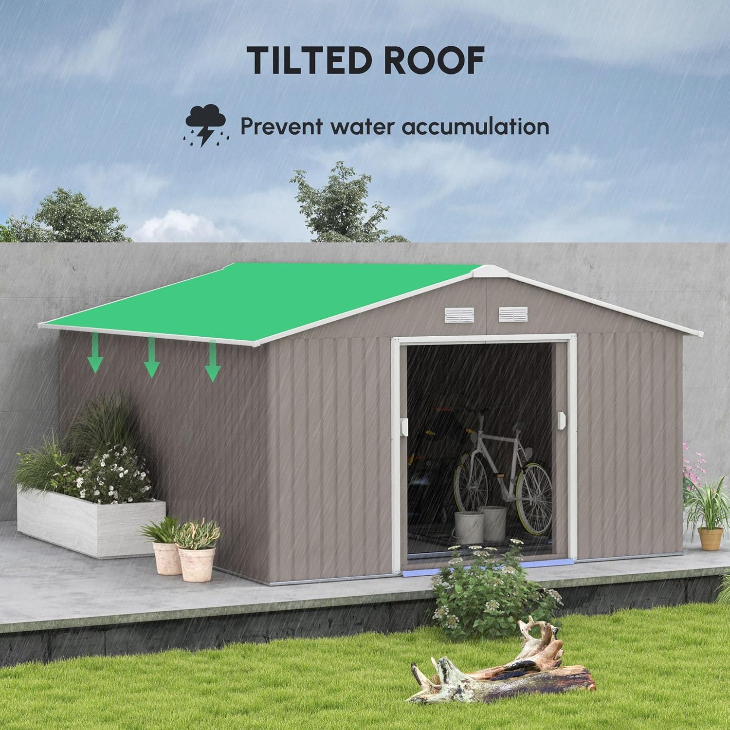 133.75x152x78.75in Steel Garden Storage Shed, Corrosion-Resistant Galvanized Build, Double Sliding Doors, 4 Vents, Light Gray