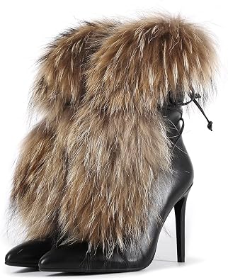 Frankie Hsu Handmade Stiletto Ankle High Heeled Bootie, Black Brown Furry Fuzzy Fur Fluffy Plush Girl Shoes For Women Men