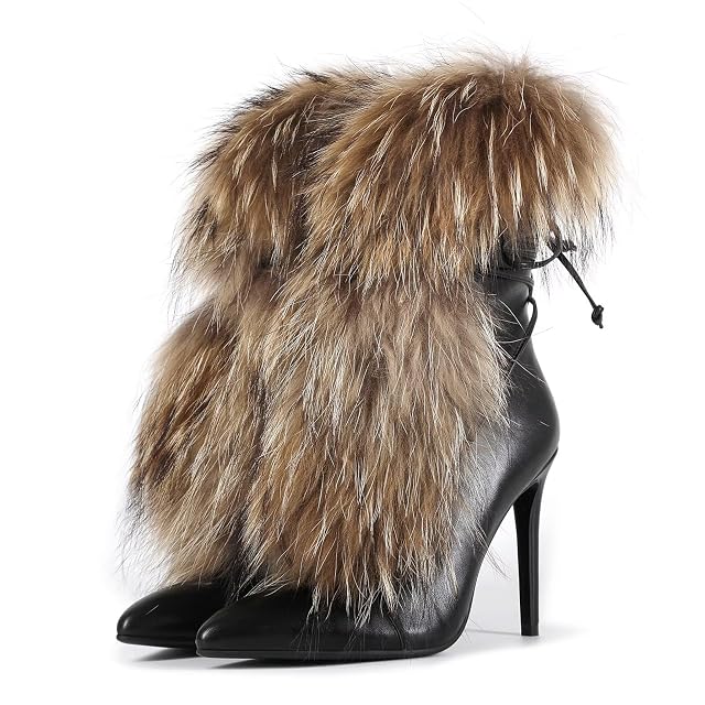 Frankie Hsu Handmade Stiletto Ankle High Heeled Bootie Black Brown Furry Fuzzy Fur Fluffy Plush Girl Shoes For