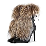 Frankie Hsu Handmade Stiletto Ankle High Heeled Bootie, Black Brown Furry Fuzzy Fur Fluffy Plush Girl Shoes For Women Men