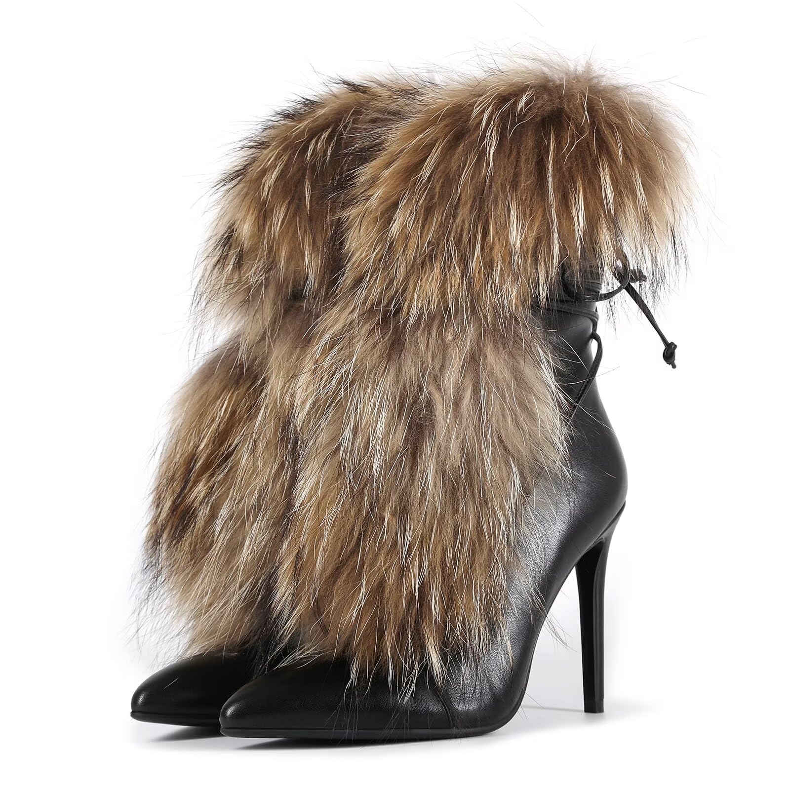 Frankie Hsu Handmade Stiletto Ankle High Heeled Bootie Black Brown Furry Fuzzy Fur Fluffy Plush Girl Shoes For