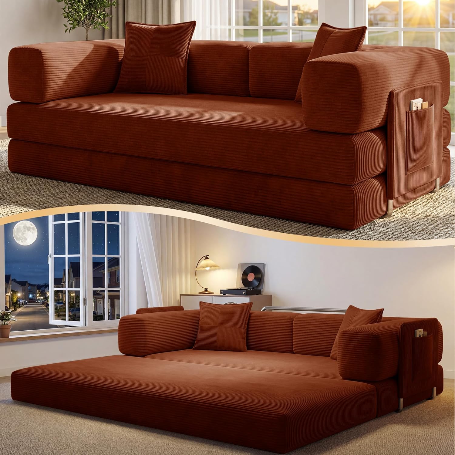 78.8" Convertible Futon Sofa Bed,Corduroy Futon Couch with Storage Pocket,Folding Pull Out Sofa,No Assembly Boneless Couch for Living Room - Thumbnail 2