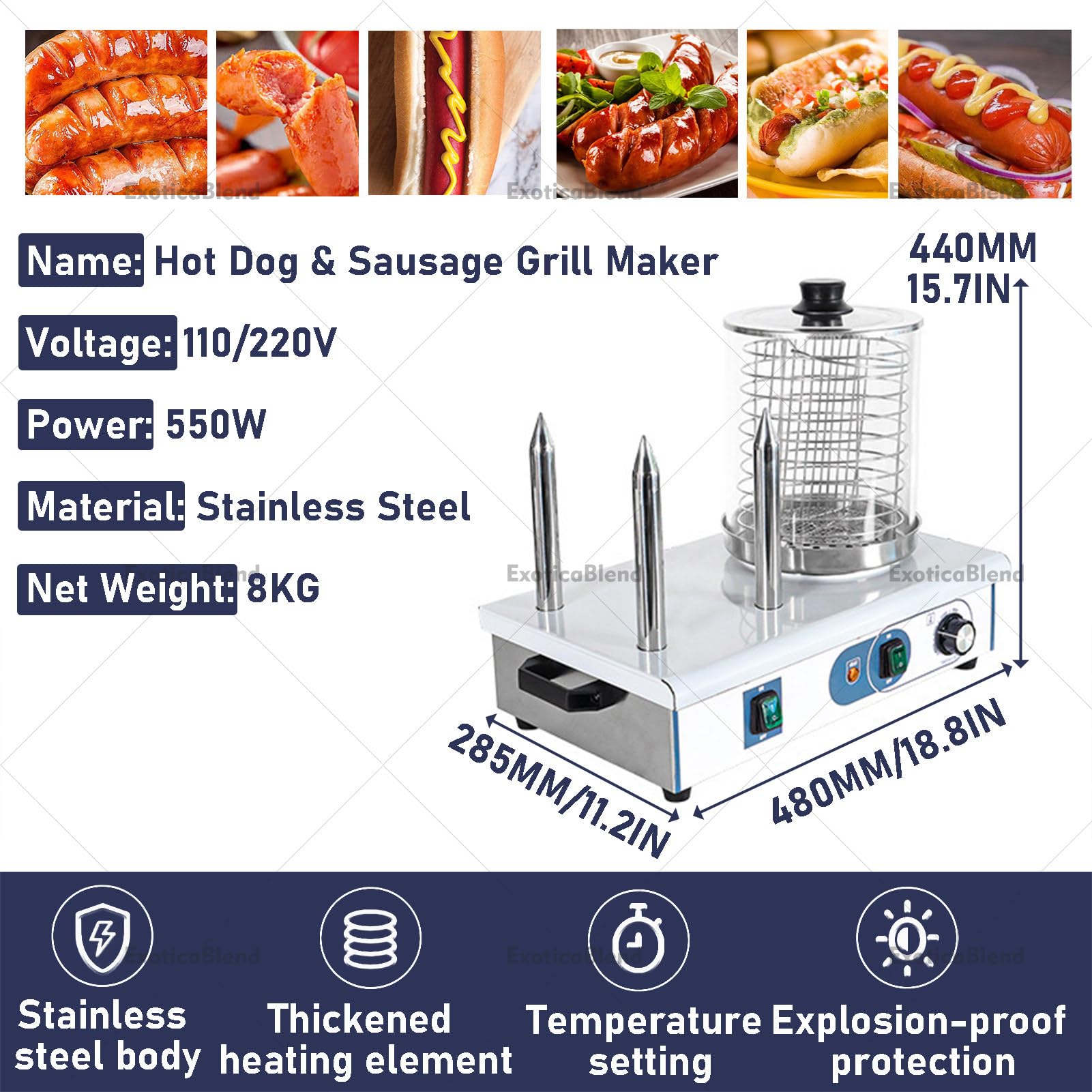 Parowar do hot dogów, grill do kiełbasek, elektryczny podgrzewacz do bułek – nablatowe urządzenie gastronomiczne z regulacją temperatury i 3/4 prętami grzewczymi 3Stick