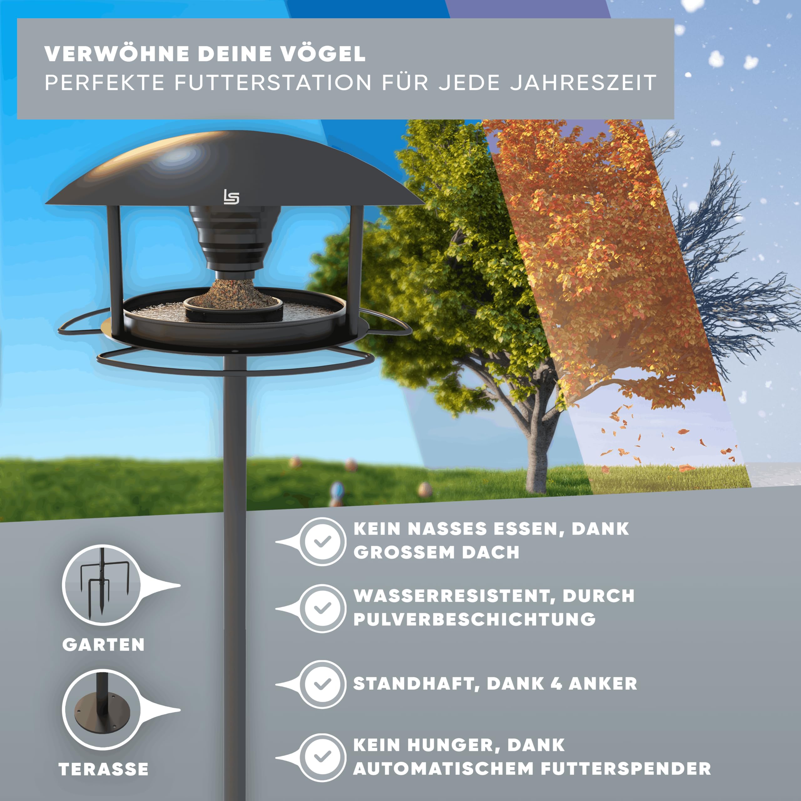 Vogelhaus mit Ständer Wetterfest – Vogelfutterspender & Vogeltränke [3 in 1 XXL] Vogelfutterhaus Metall | Robustes Futterhaus für Vögel, Garten & Balkon – Schenk