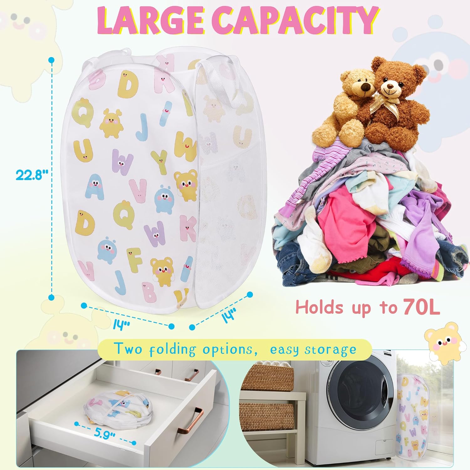 Collapsible Pop Up Hamper for Baby Clothes or Toys Storage, Mesh Hamper with Handles & Side Pocket, Multi-Use Laundry Hamper & Toy Basket, Portable for Home, Travel, Dorm(White-Vertical)