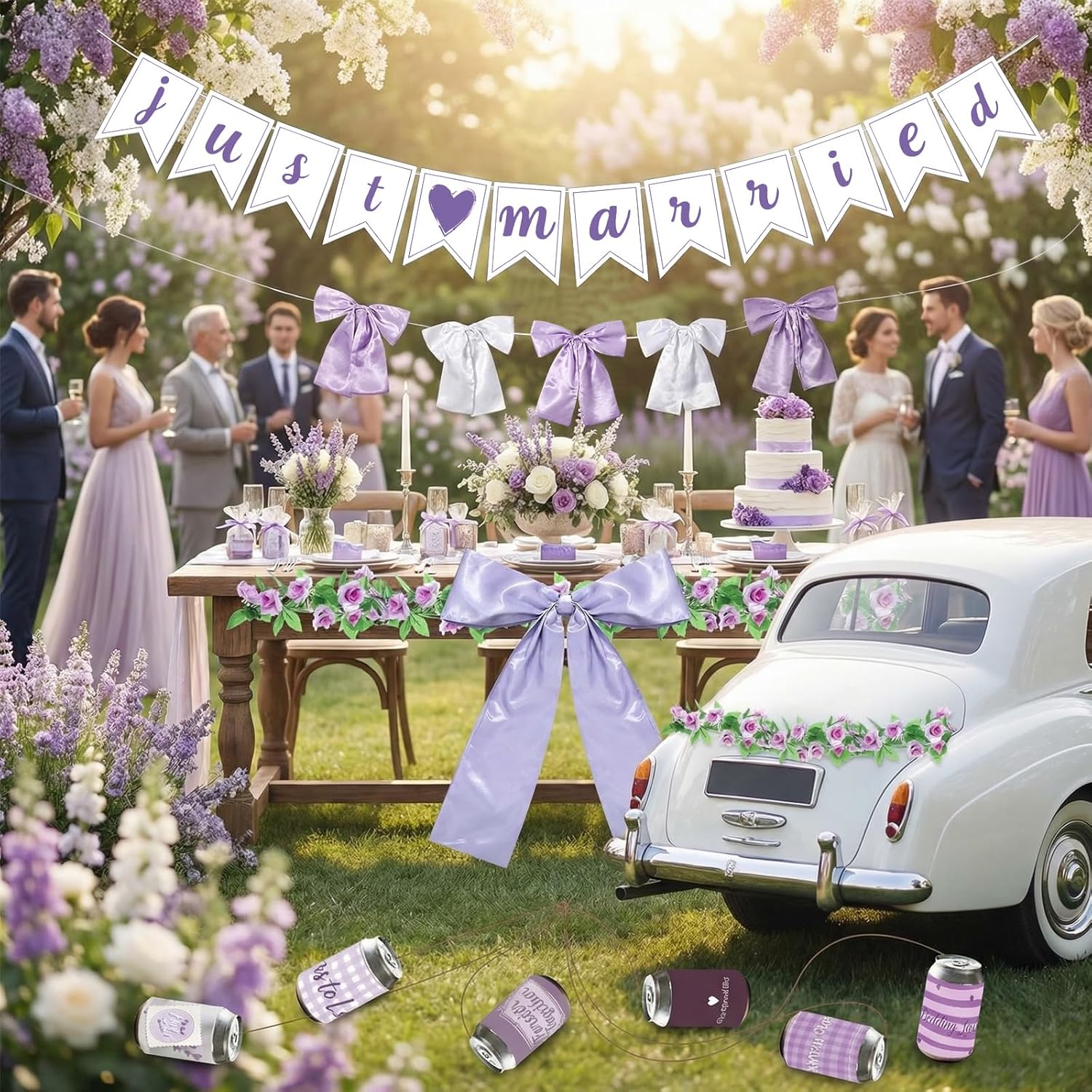 19 Pcs Just Married Car Decoration Wedding Banner Sticker Artificial Flower Car Window Decal Bow Wreath Ribbon for Honeymoon Wedding Reception Ceremony Party Decor Photo Prop(Purple)