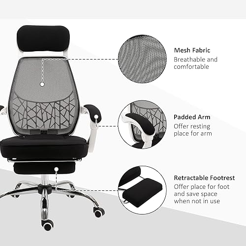 Miniatura 5 de Vinsetto Silla ergonómica de oficina de malla con respaldo alto, silla giratoria de escritorio reclinable para computadora con reposapiés retráctil,