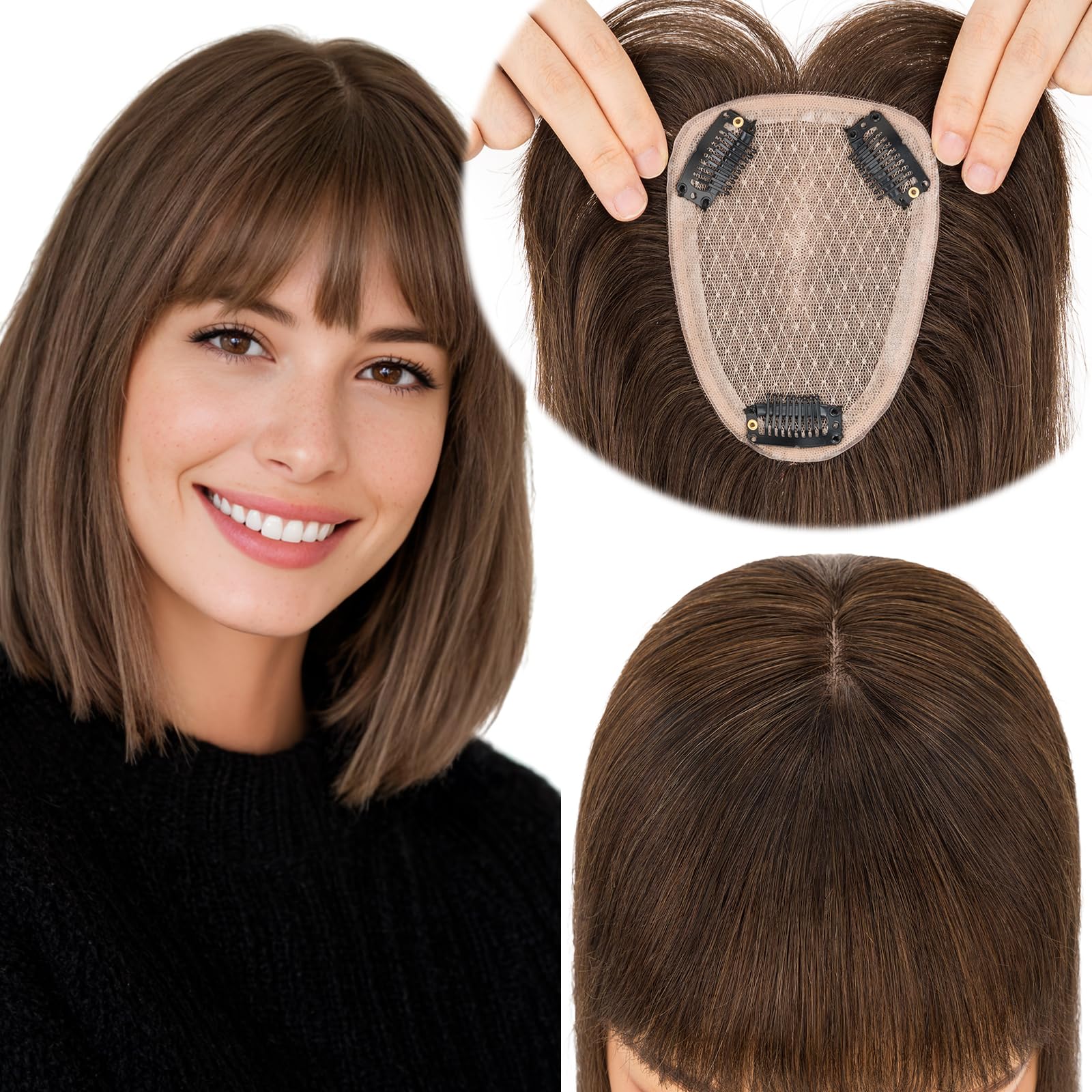Photo 1 of Elailite Hair Toppers for Women Real Human Hair Topper with Bangs Thinning Thin 9 * 12CM Silk Base Clip in Remy Hairpieces Hand-Tied 12 Inch Dark Brown