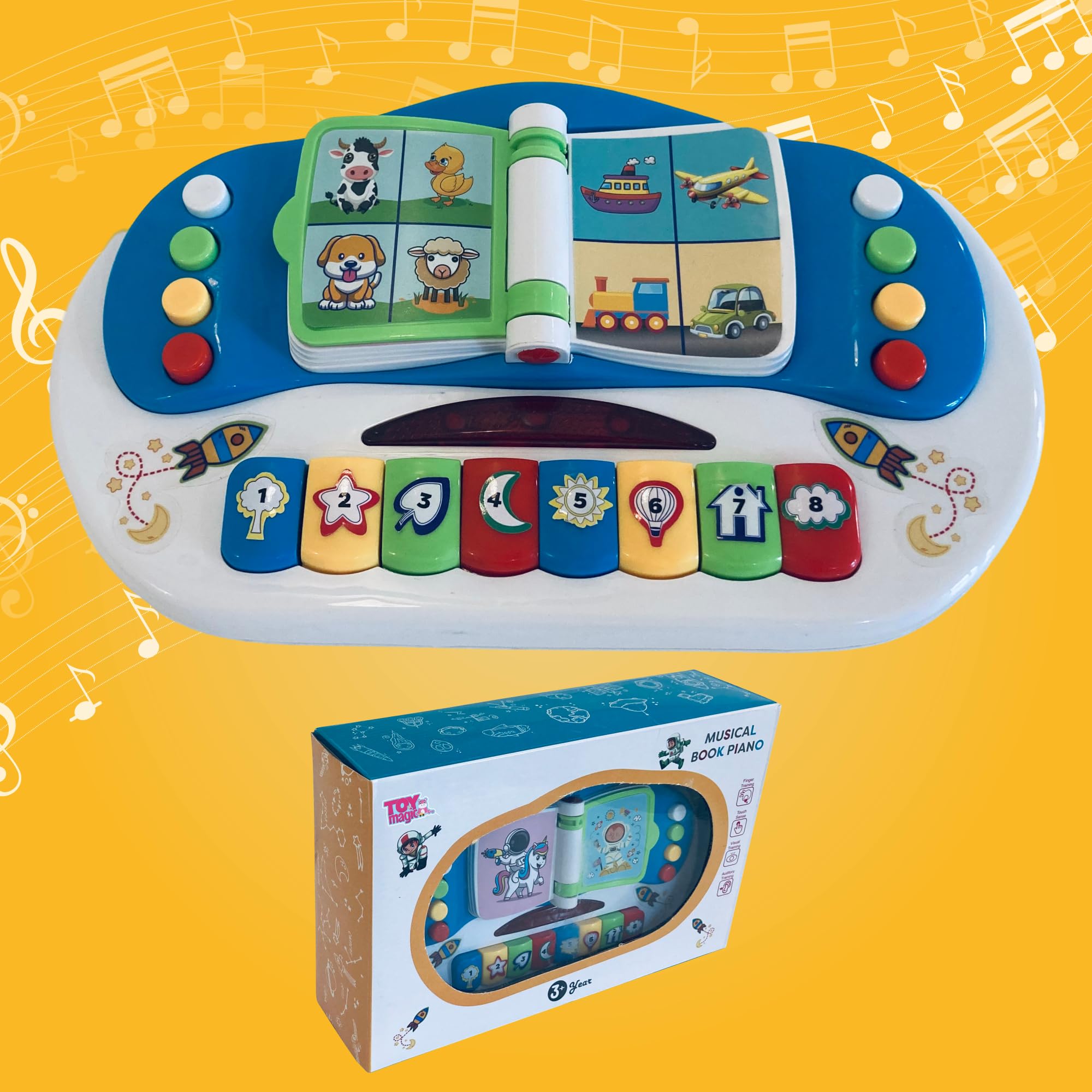 ToyMagic Interactive Musical Book Piano Toy for Kids|Early Learning Educational Sound Book with Flip Page, Animal Sounds, Nursery Rhymes & Songs|Baby & Toddler Development LED Light Toy|Ages 1-5 Years