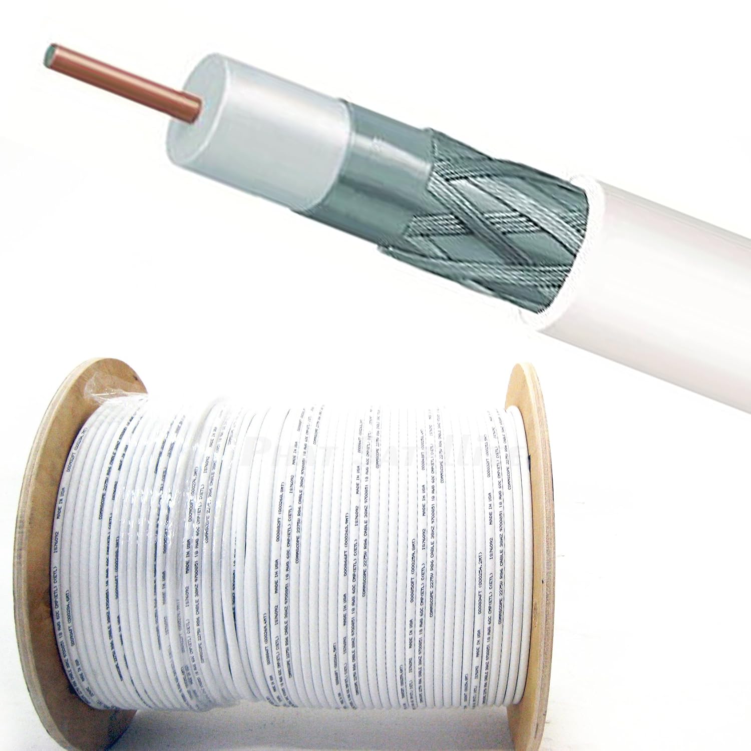 PHAT SATELLITE INTL - Made in USA Plenum Rated RG6 (Series 6) Coax Cable, 3GHz 75 Ohm, Anti-Static Non-Toxic Smokeless Fire Retardant PVC Jacket UL ETL CMP (1000ft, White)