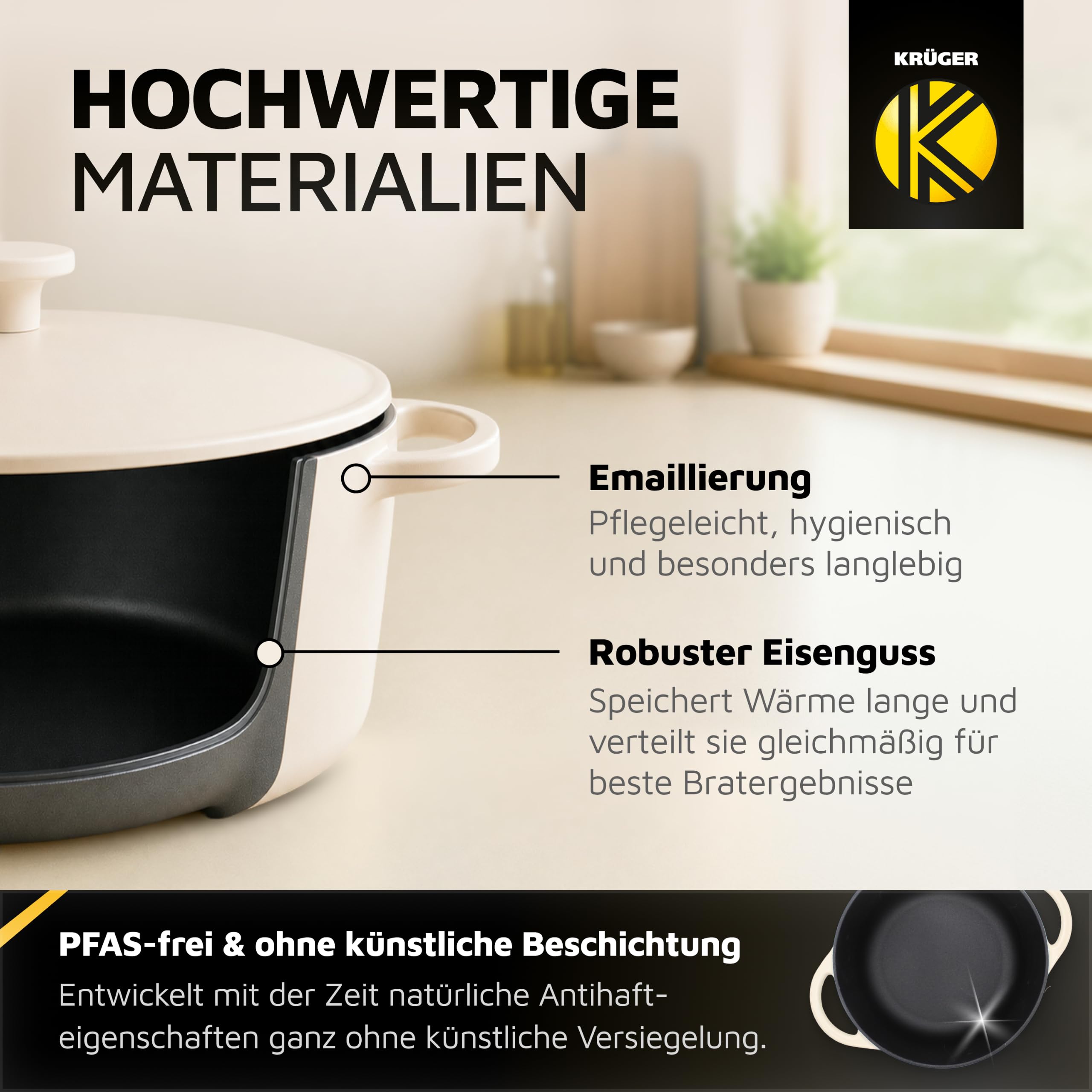 Krüger Gusseisen Schmortopf Savanna Ø 24 cm 4 L | Brotbacktopf creme matt | Massiver Vollguss-Eisen 4,6 kg | Ofenfest bis 240 °C | Brotbacken & Schmoren | Alle Herdarten inkl. Induktion | PFAS-frei
