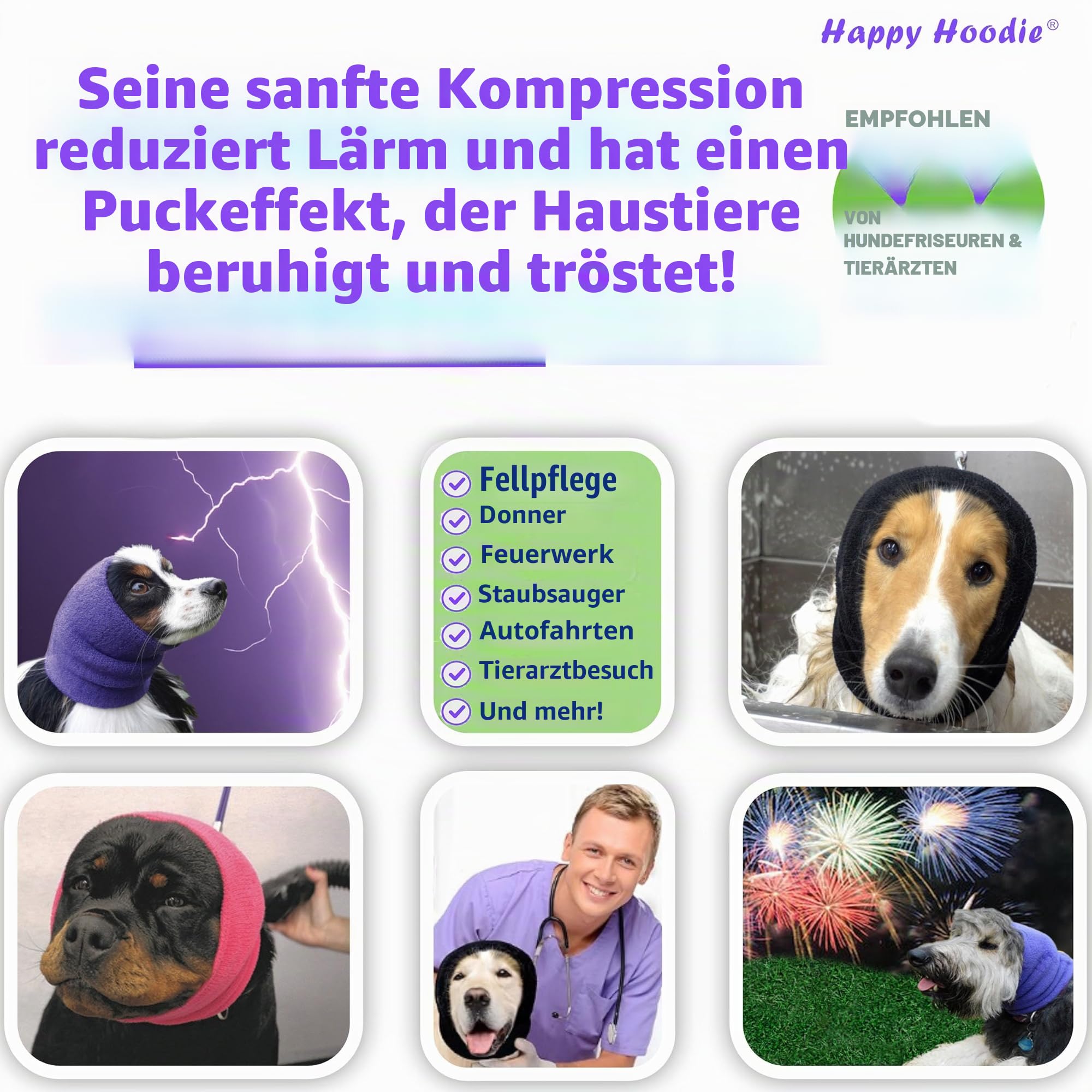 Happy Hoodie, das Original-Beruhigungsband für Hunde und Katzen: Amerikanische Marke, Linderung von Angstzuständen/Lärmschutz, für Fellpflege, bei Gewitter und Feuerwerk.