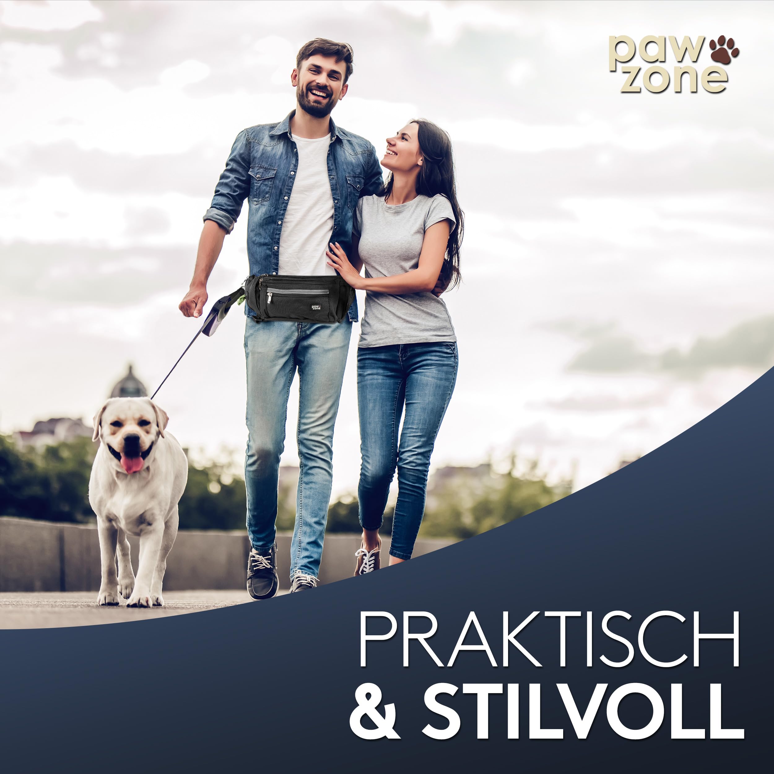 PAWZONE Futterbeutel Hunde - Leckerlibeutel für Hunde - Bauchtasche für Hunde Zubehör - Leckerlitasche für Hunde - Inkl. Reflektorband & Zusatzgurt für Flexileine (Schwarz)
