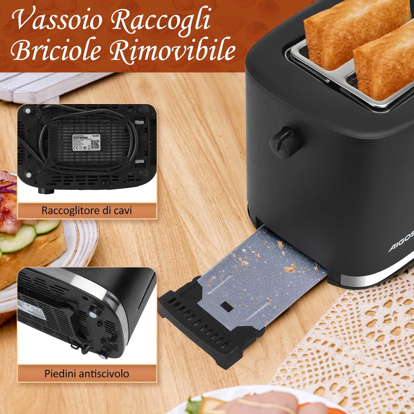 Aigostar Energy - Tostapane 2 Fette, Riscaldatore Integrato, Fessure Extra Larghe e Centratura Automatica, 6 Impostazioni di Tostatura, 3 Funzioni, Vassoio Raccogli Briciole Rimovibile, Nero