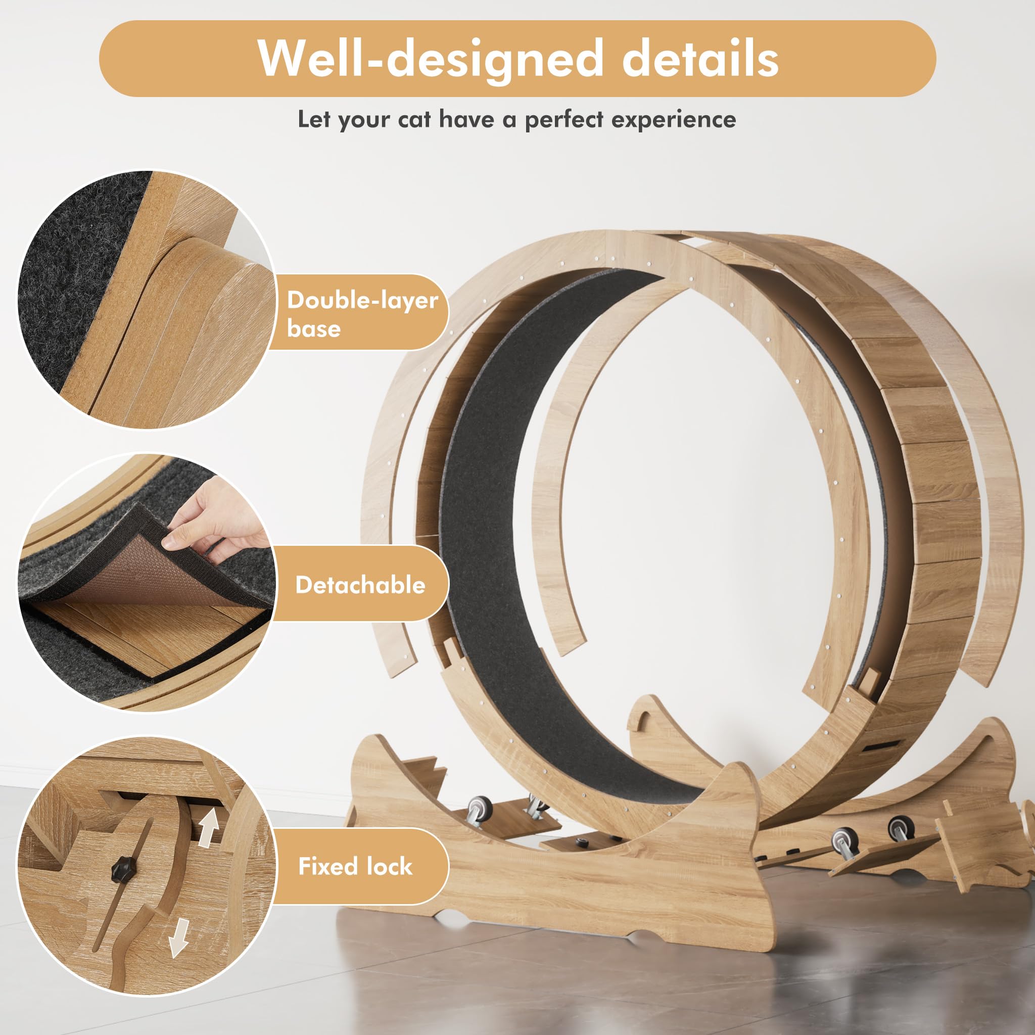 Mondeer Ruota per gatti, 110 cm, XL, tapis roulant con tappeto rimovibile e teaser per gatti, per corsa, camminata e allenamento (legno naturale)