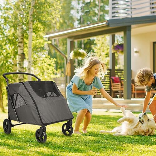 Miniatura 2 de Wedyvko Cochecito mejorado para perros medianos y grandes, hasta 120 libras, carrito plegable de viaje con asa ajustable, techo solar, freno
