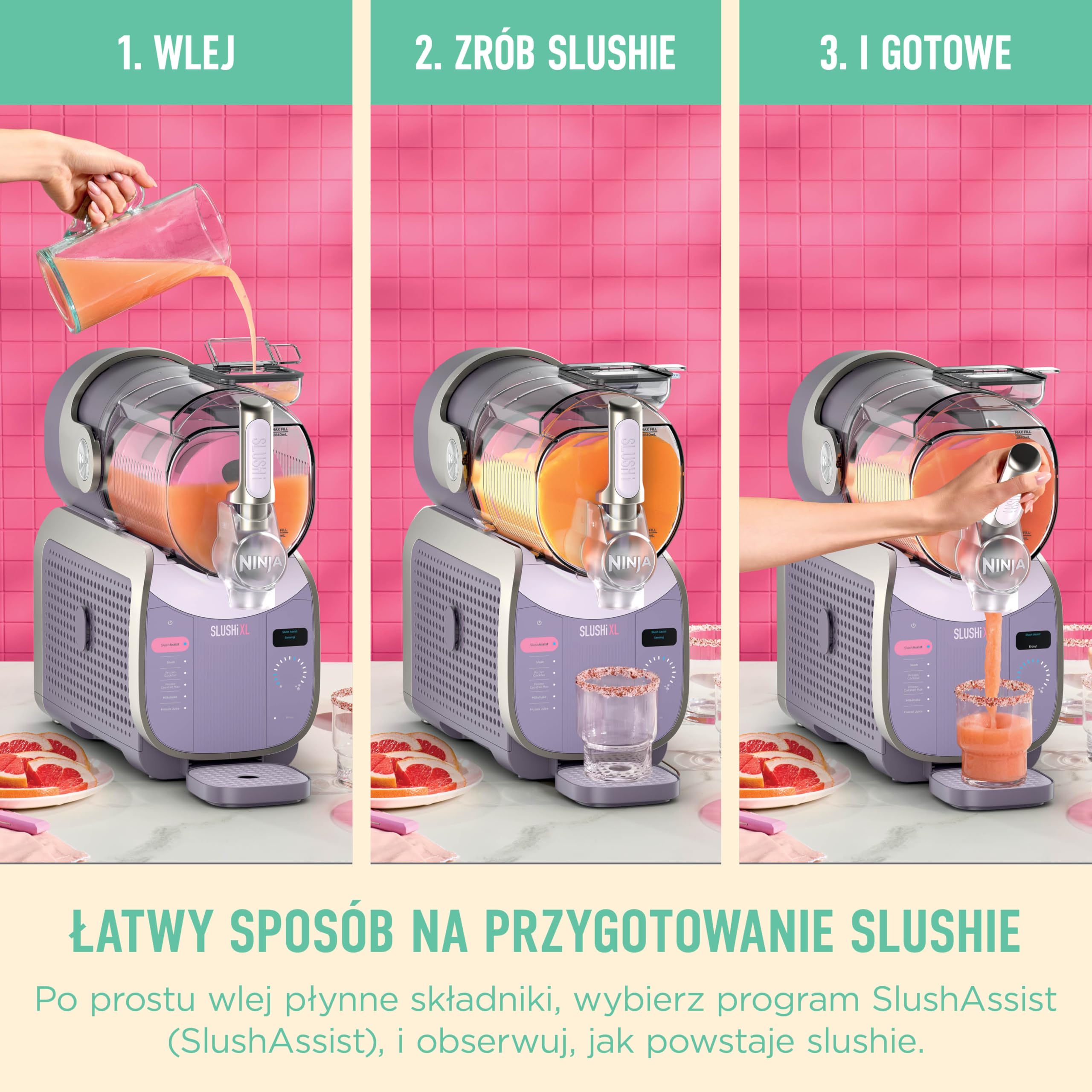 Ninja SLUSHi XL wielofunkcyjna maszyna do mrożonych napojów z technologią SlushAssist, Bardzo duża pojemność 3,7l (maks. napełnienie 2840 ml), Przygotuj slushie, mrożone koktajle itp., Pink FS601EUPK1
