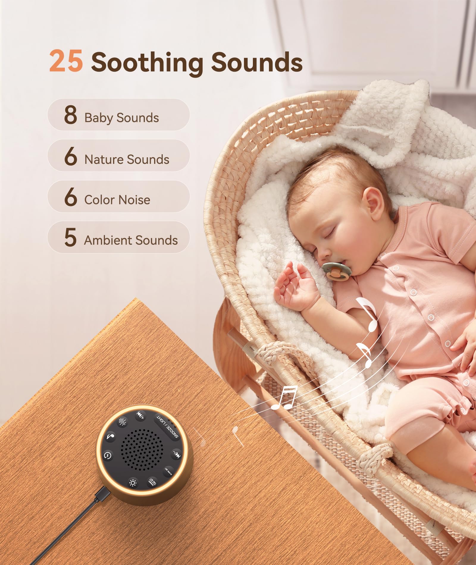 Dreamegg White Noise Machine – Soundmaschine Baby, 25 beruhigende Geräusche, 10 Farben, Nachtlicht, dimmbares Display, Schlaf-Timer, Memory-Funktion für Erwachsene und Babys, ideales